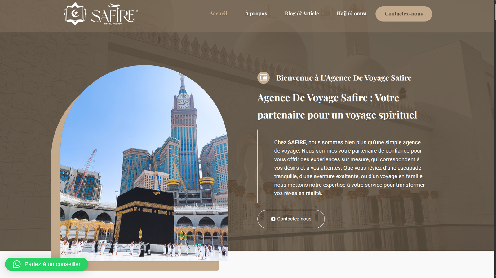 Page d’accueil du site de l’agence de voyage SAFIRE