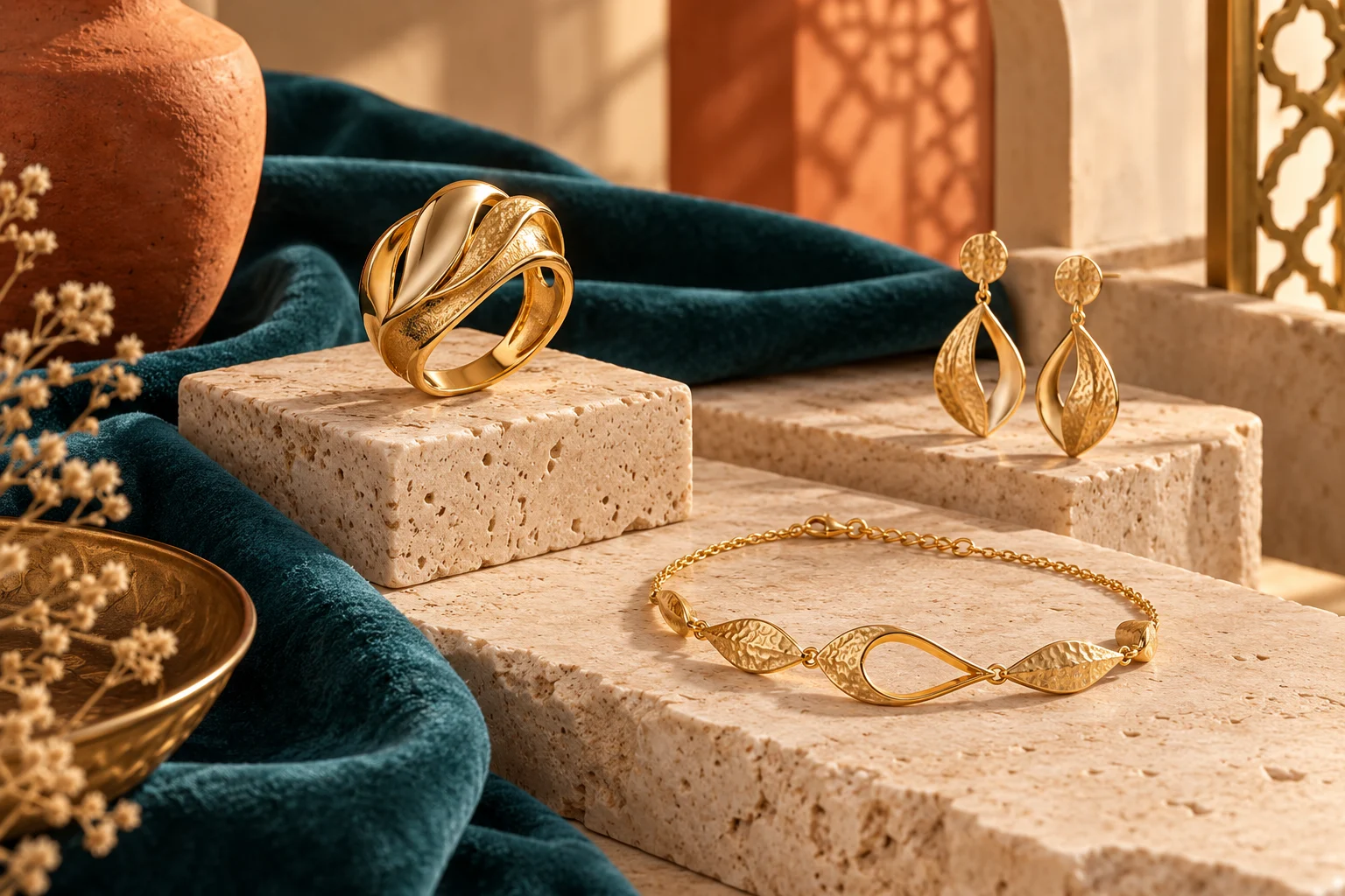 Bagues et bracelets en or présentés sur un présentoir en pierre