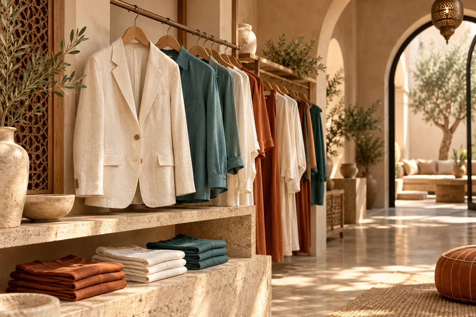 Boutique de vêtements avec portants de chemises et de vestes dans un décor marocain