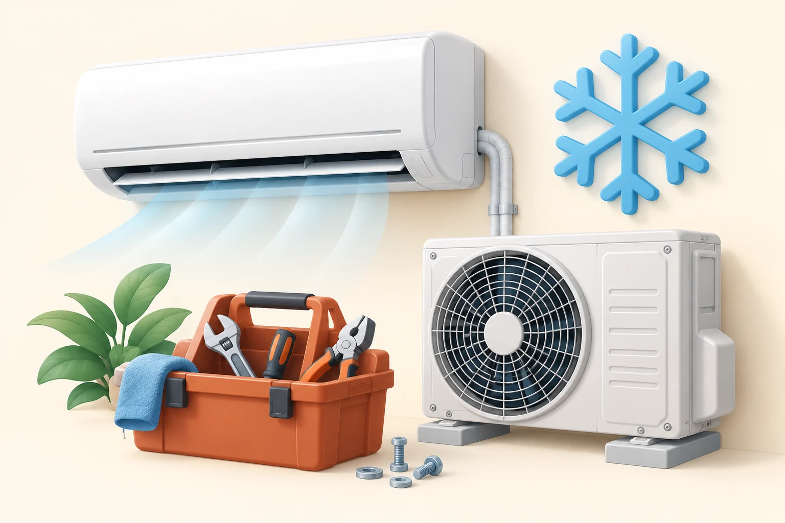 Unité intérieure et unité extérieure de climatisation avec une caisse à outils