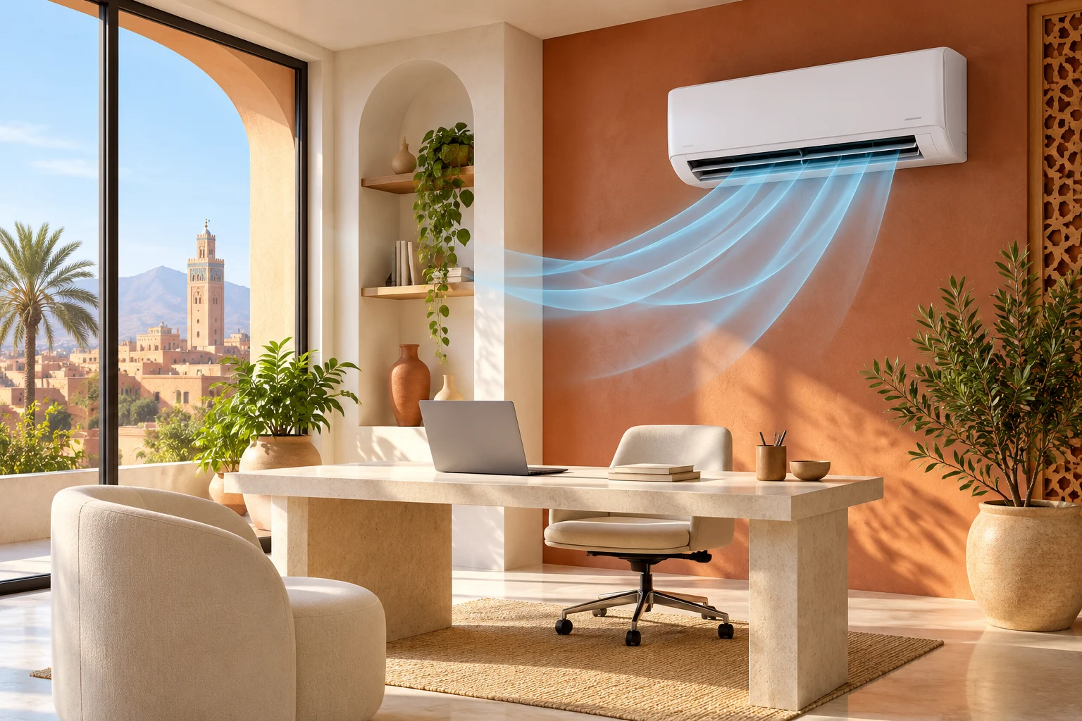 Bureau lumineux équipé d’un climatiseur mural