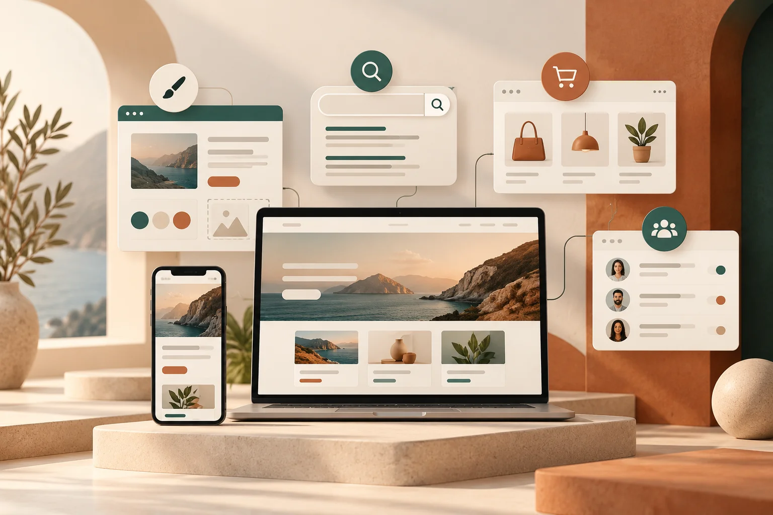 Ordinateur portable et smartphone entourés d’aperçus de pages web