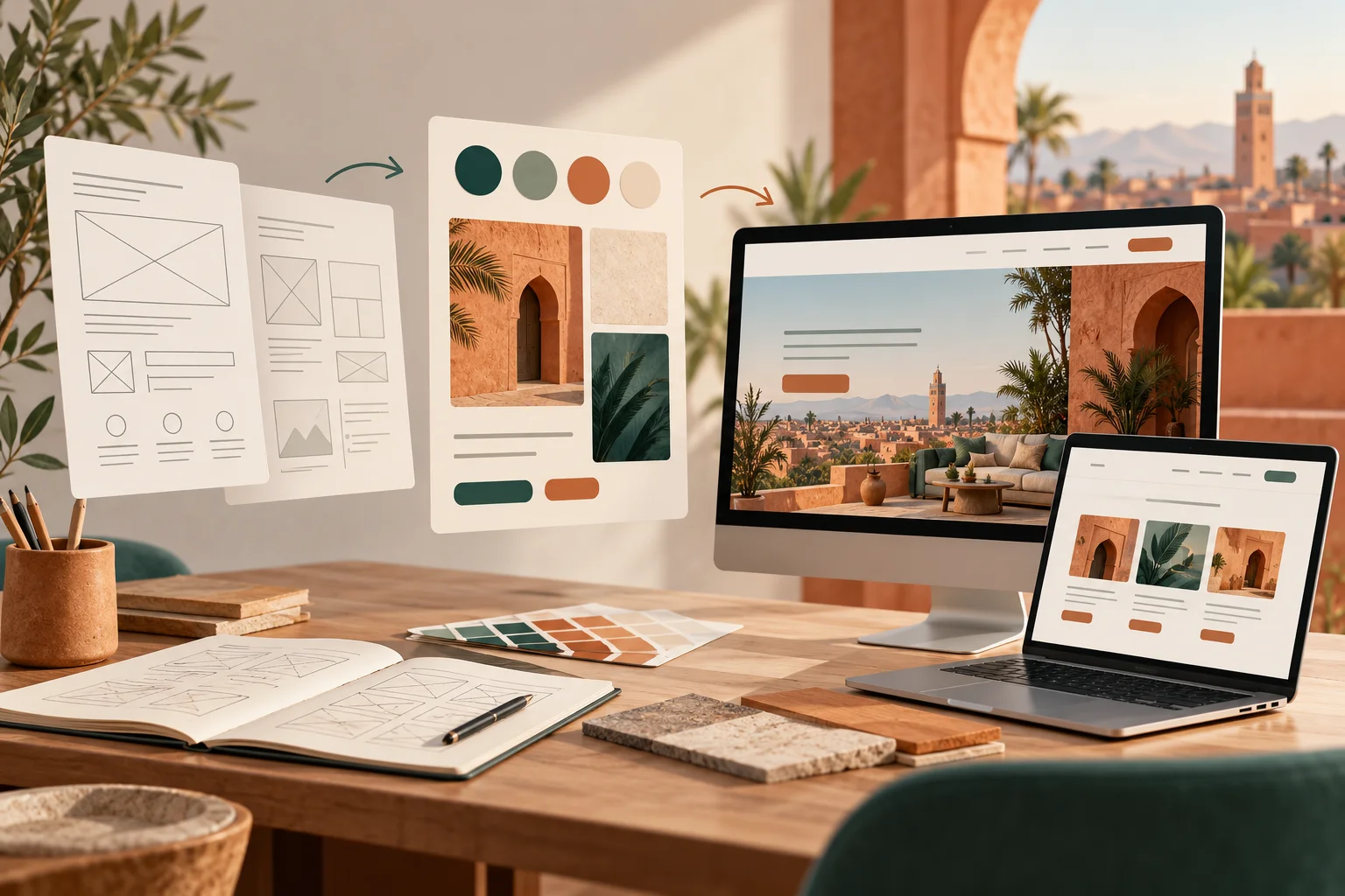 Bureau avec ordinateur et smartphone affichant des maquettes de site web