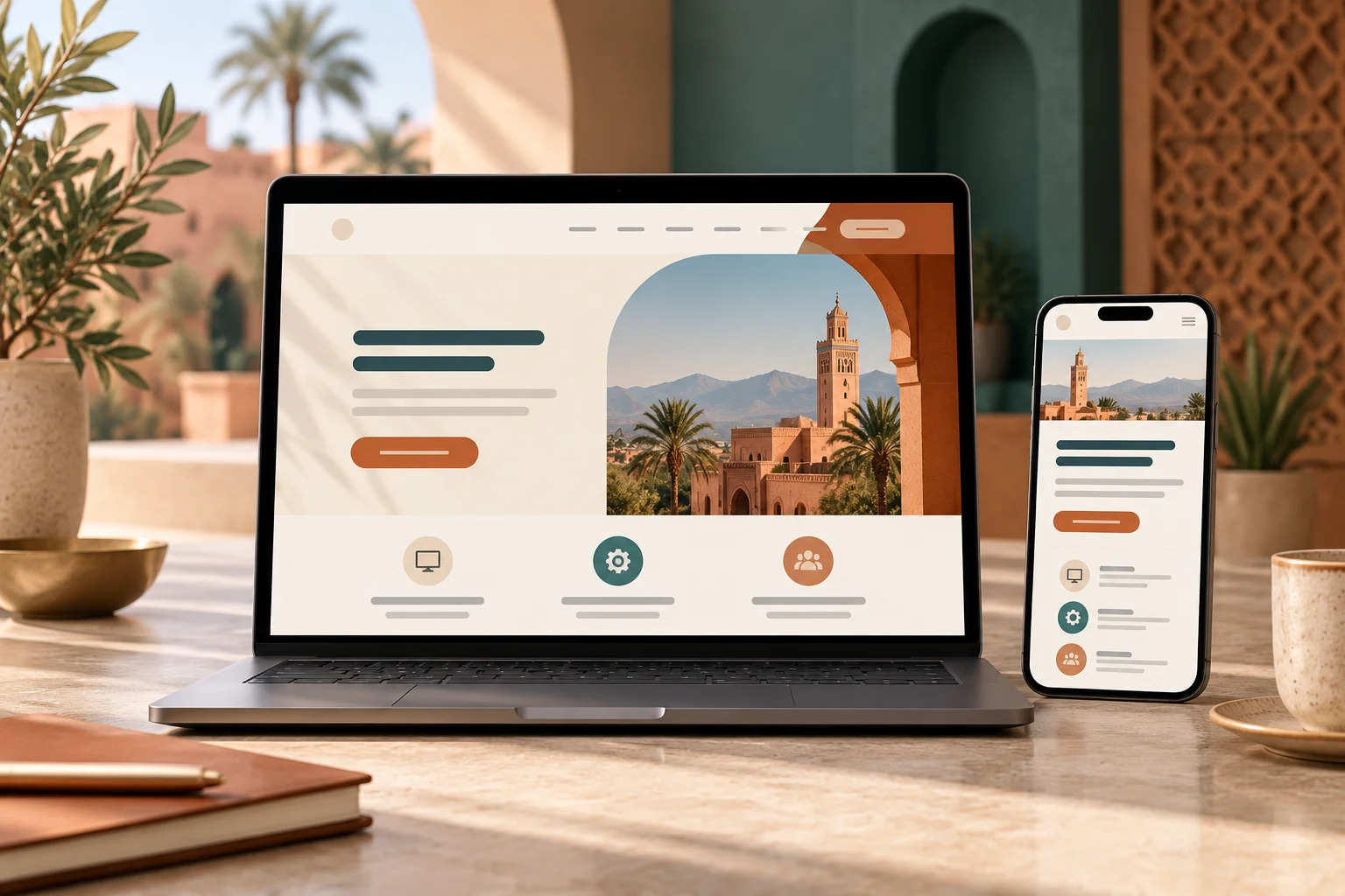 Site vitrine affiché sur ordinateur portable et smartphone