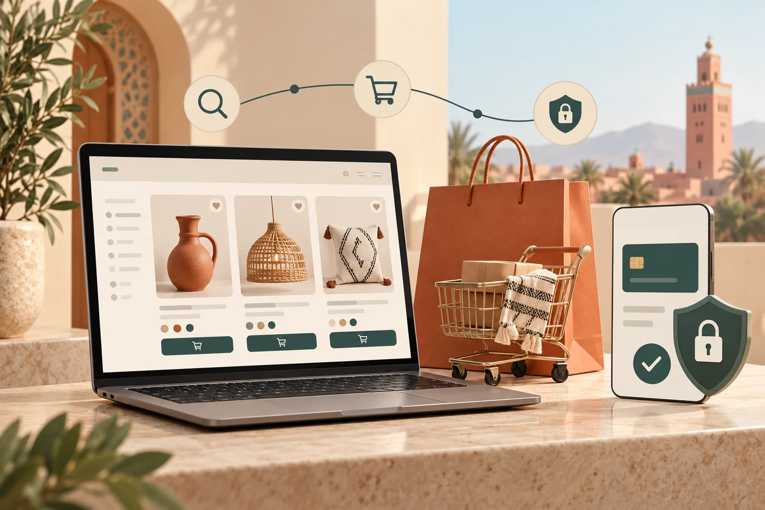 Site e-commerce, paiement sécurisé sur mobile et icônes de livraison