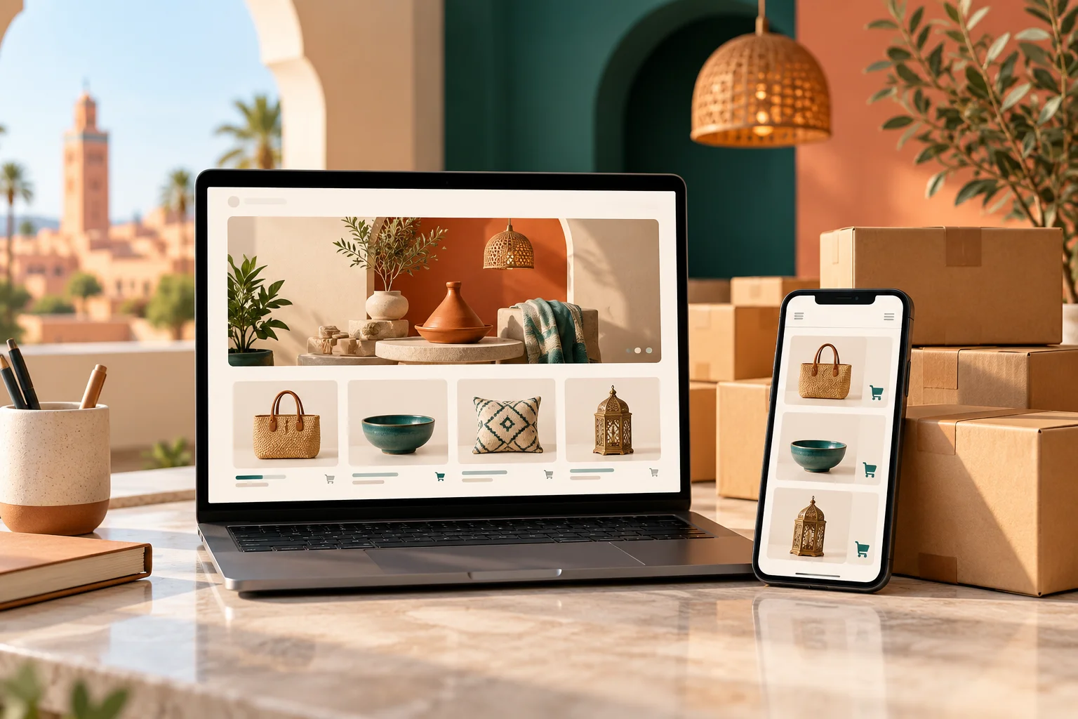 Boutique en ligne affichée sur ordinateur portable et smartphone, avec des colis