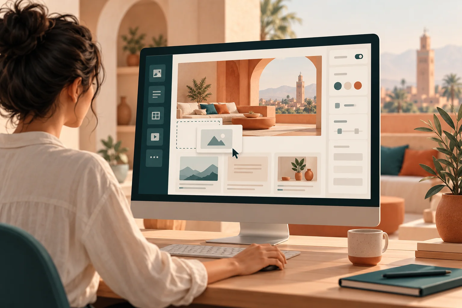 Femme travaillant sur un site web depuis un ordinateur de bureau