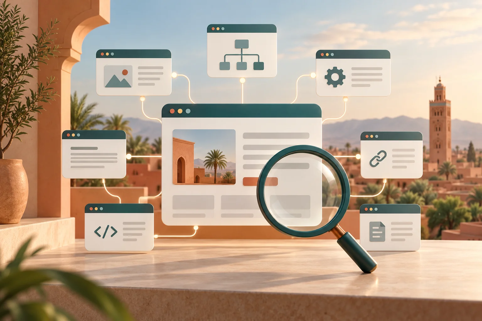 Pages web, balises de code et loupe, symboles du SEO technique