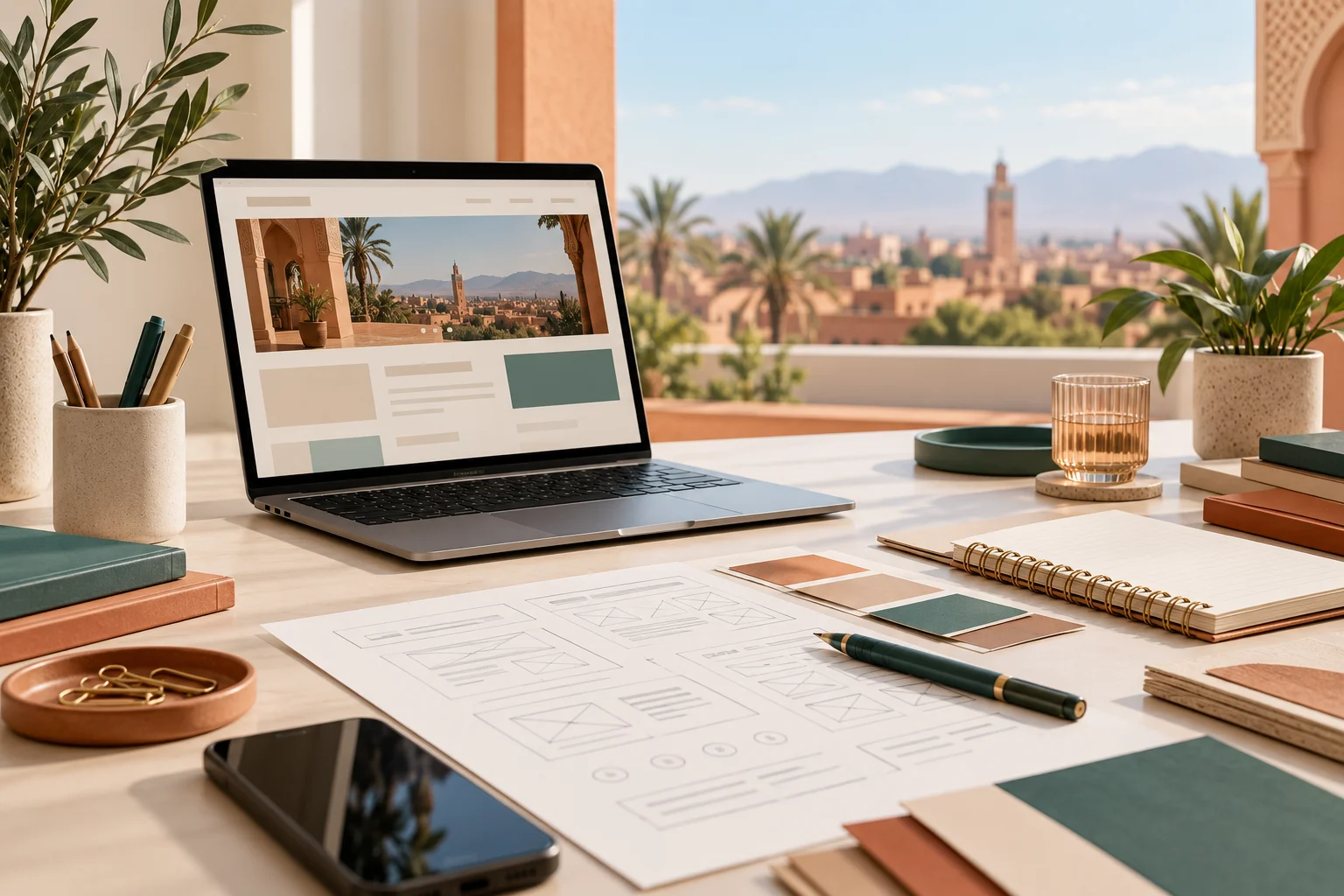 Ordinateur portable affichant un site, à côté de plans et de documents