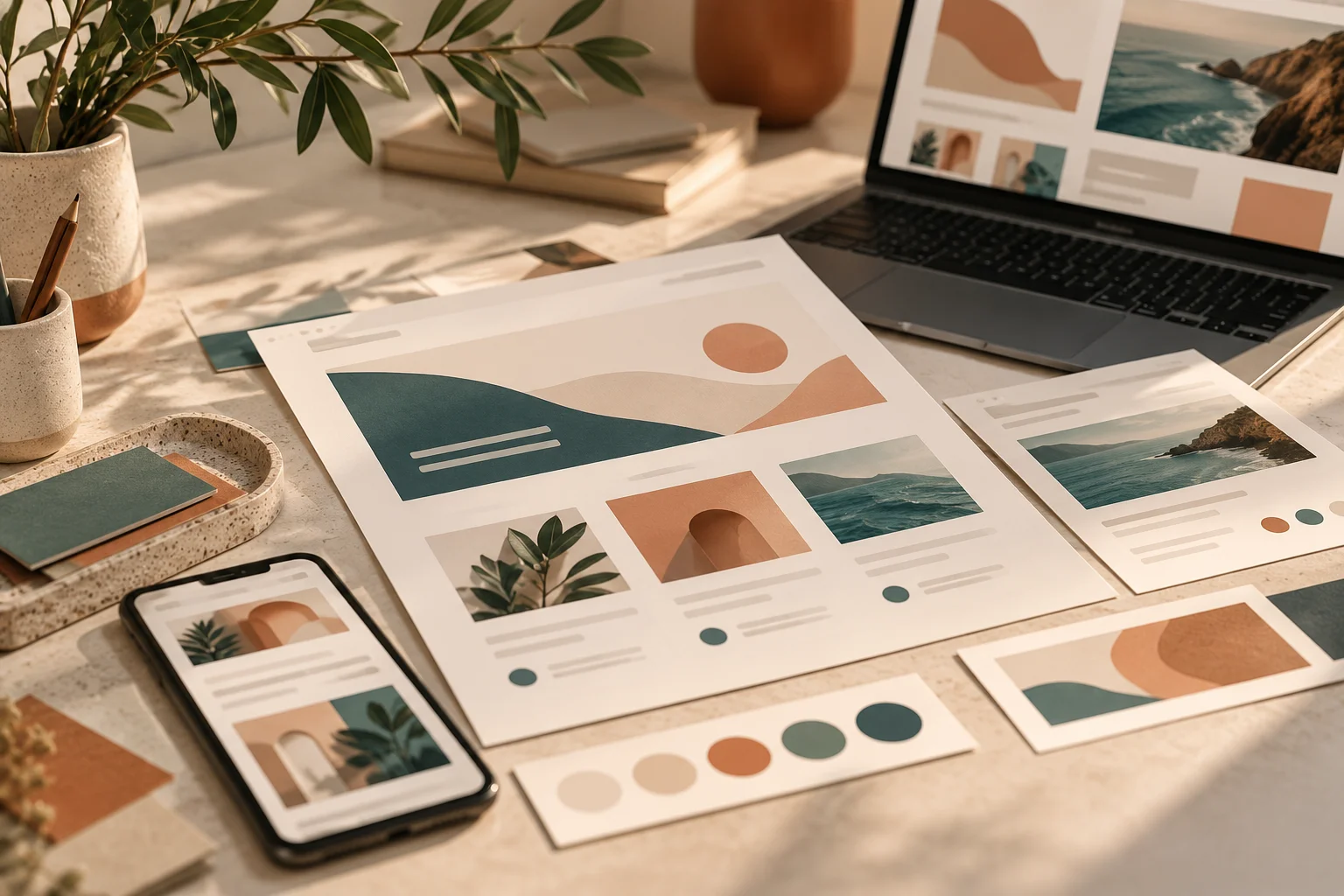Maquettes de sites web imprimées et smartphone sur une table