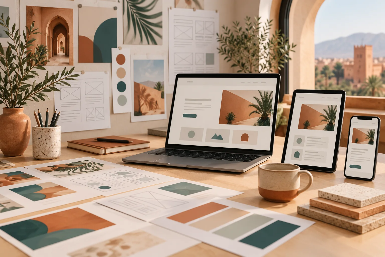 Bureau avec ordinateur, smartphone et maquettes imprimées