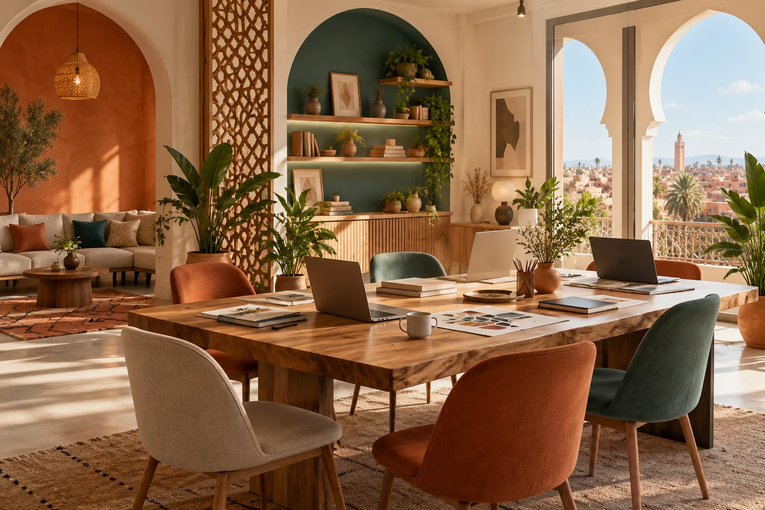 Espace de travail de l’agence avec grande table de réunion