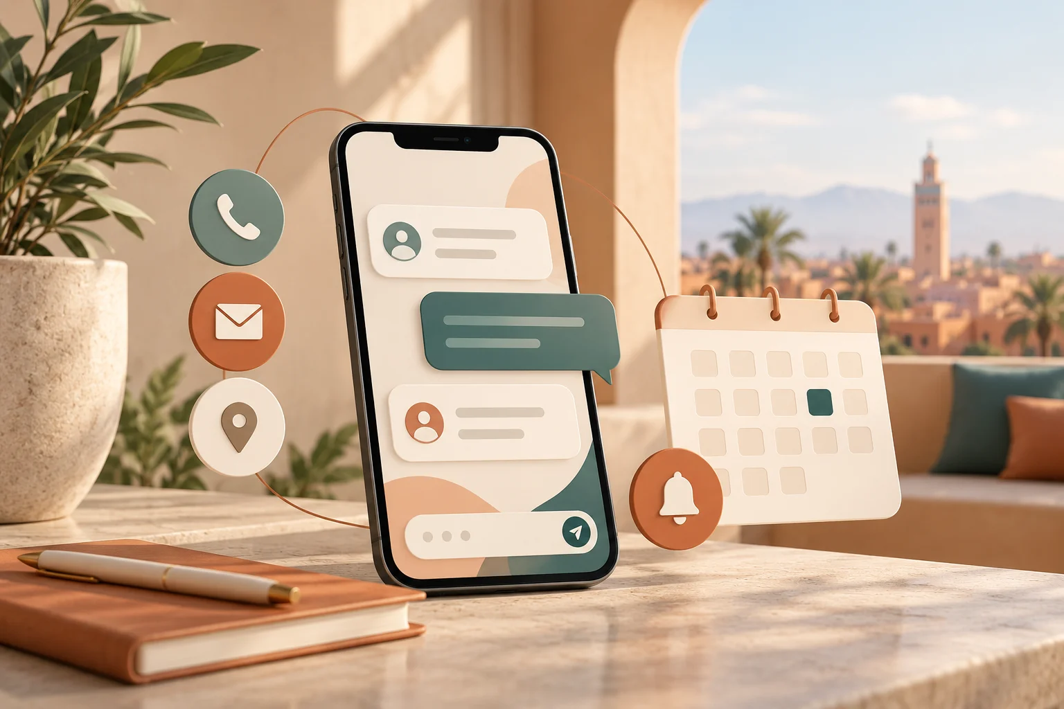 Smartphone avec bulles de messages et carte de calendrier