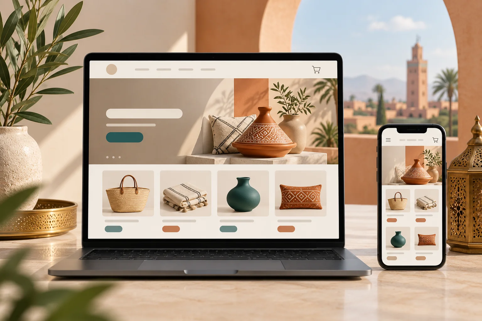 Boutique en ligne affichée sur ordinateur portable et smartphone