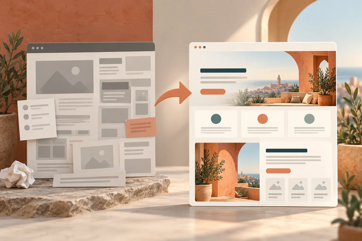 Comparaison avant et après de la mise en page d’un site web