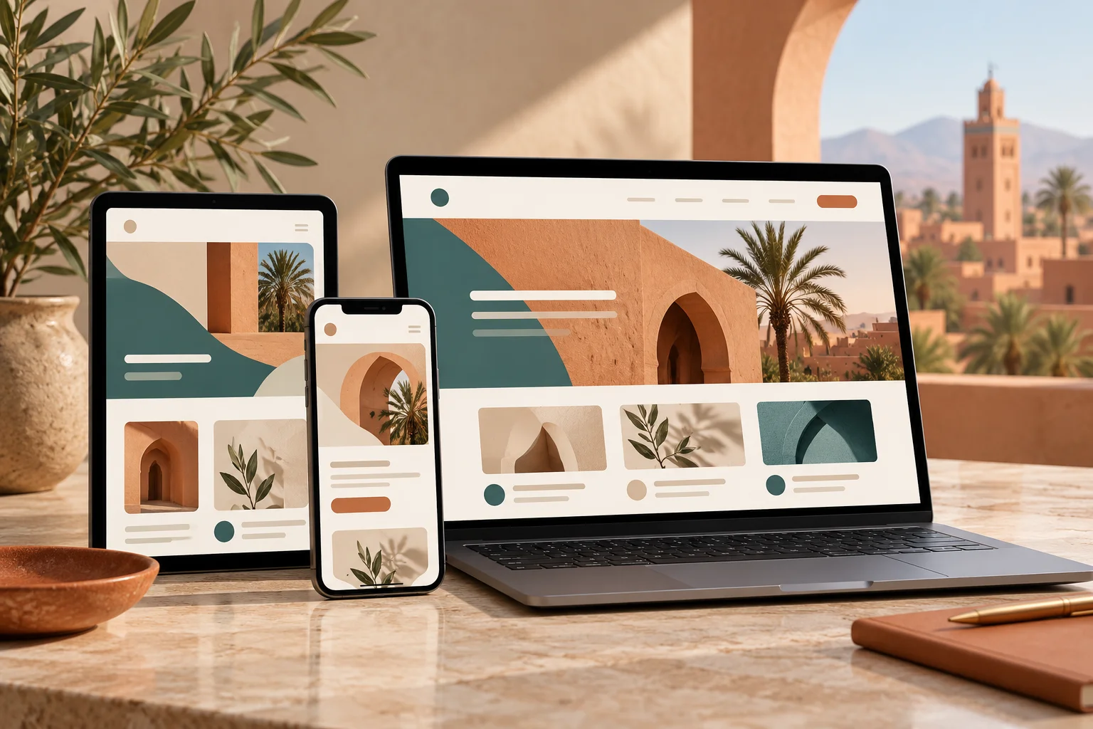 Site web affiché sur tablette, smartphone et ordinateur portable