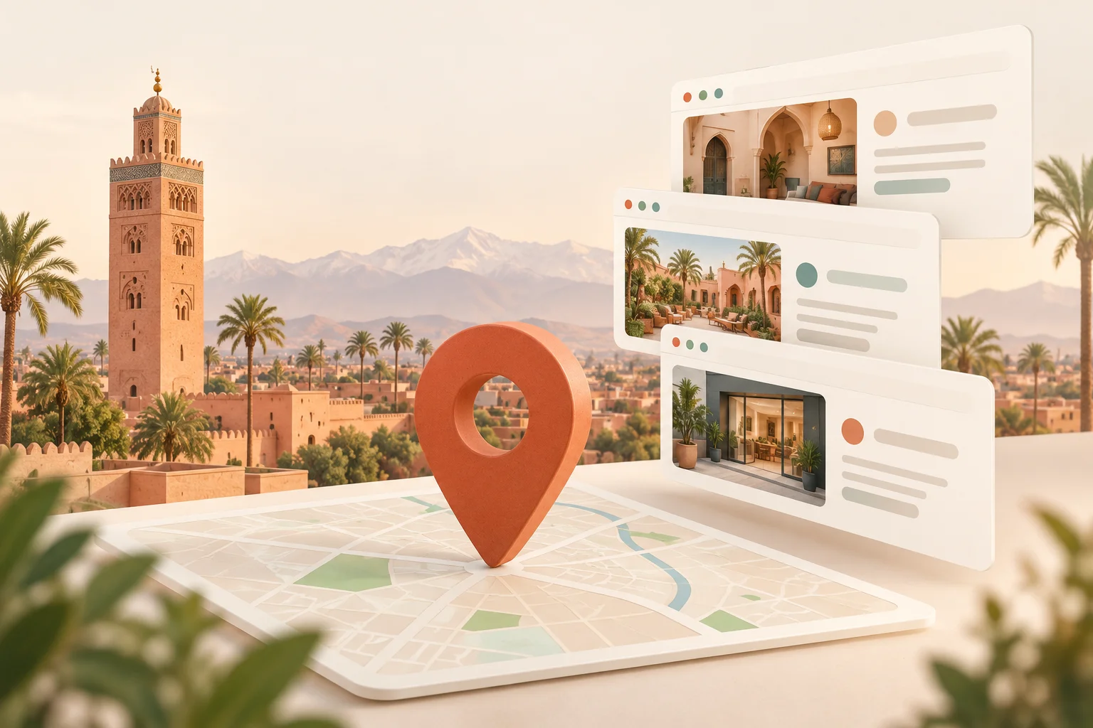 Repère de localisation et fiches de sites web sur un plan de ville