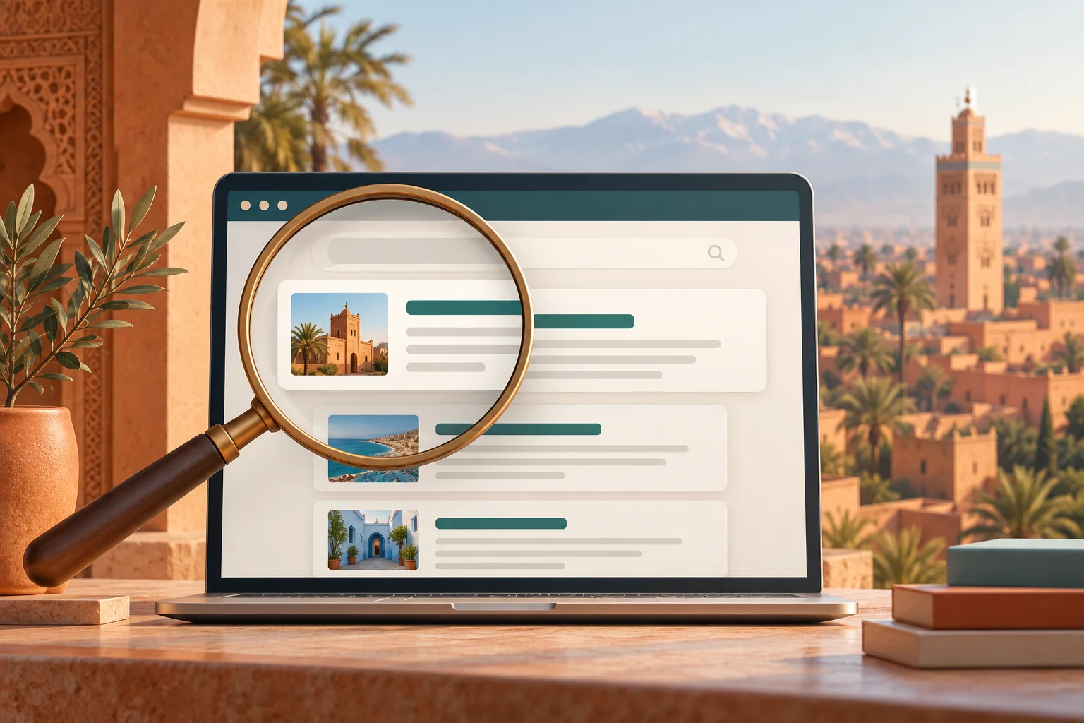 Ordinateur portable avec une loupe sur des résultats de recherche
