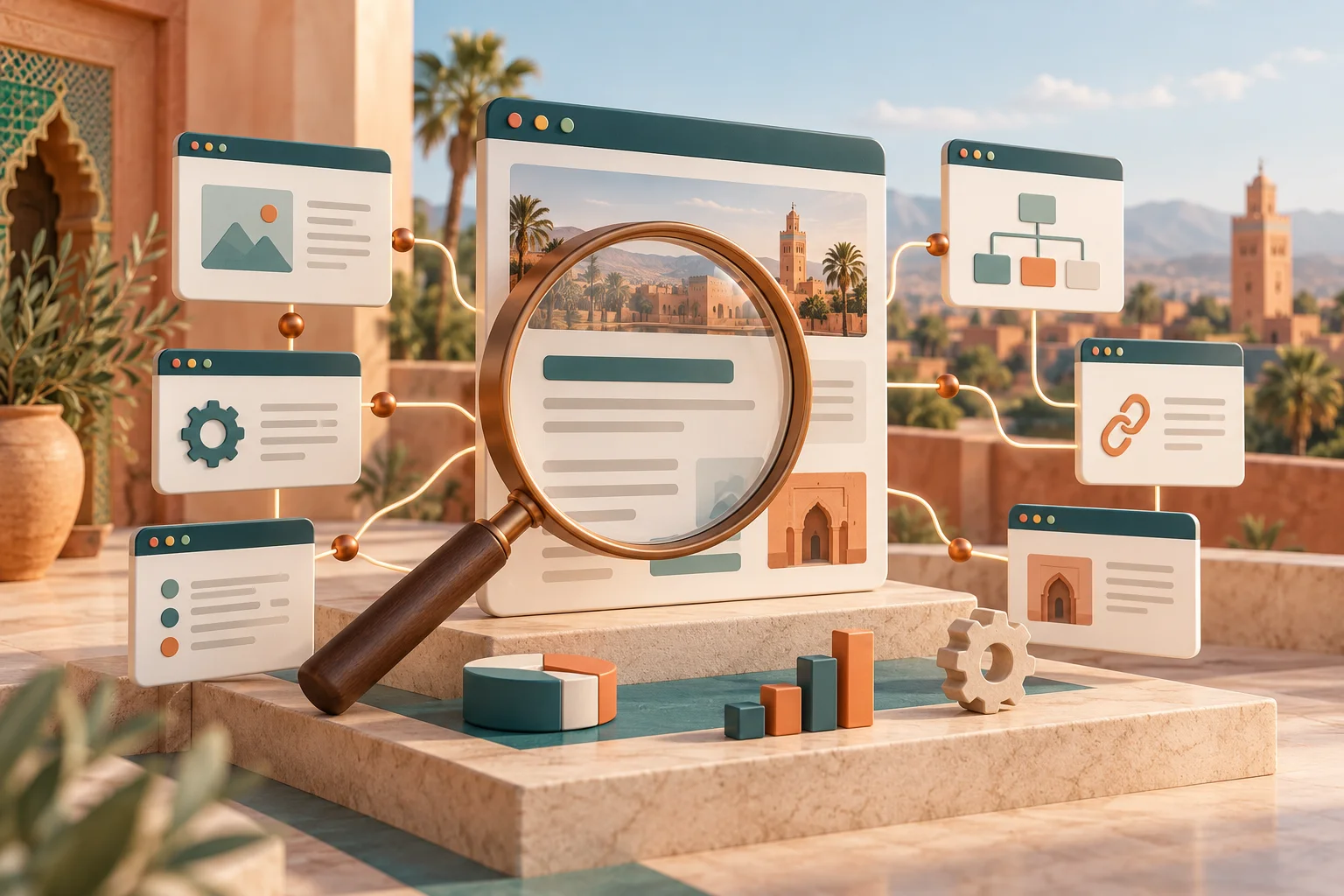 Loupe posée sur des pages web, symbole d’un audit SEO