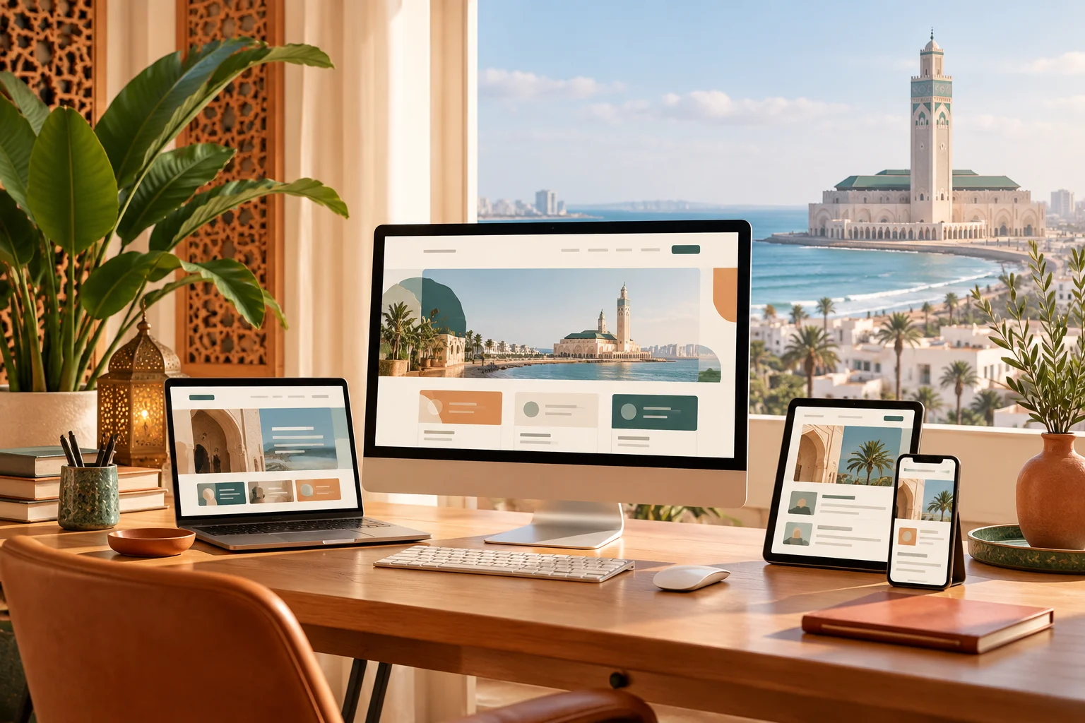 Bureau avec ordinateur, tablette et smartphone affichant un site web, vue sur Casablanca