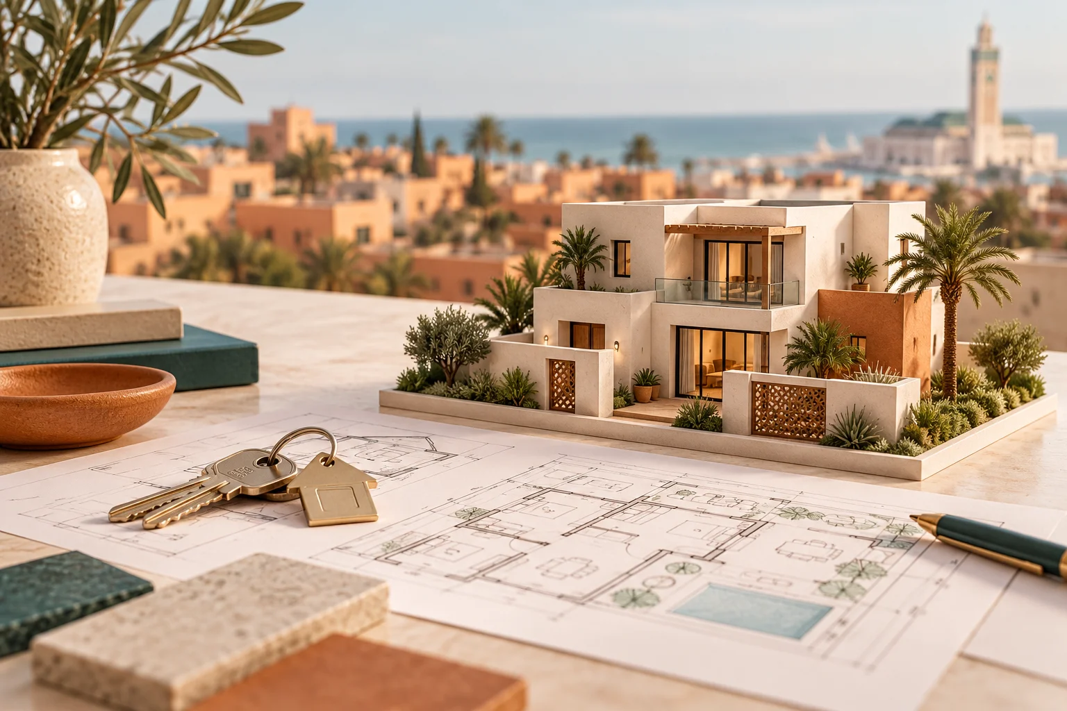 Maquette de villa, plans et clés posés sur une terrasse