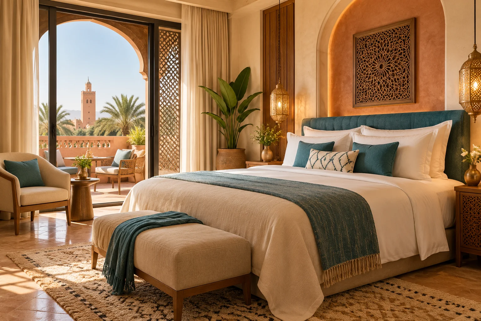 Chambre d’hôtel avec lit double et vue sur la ville