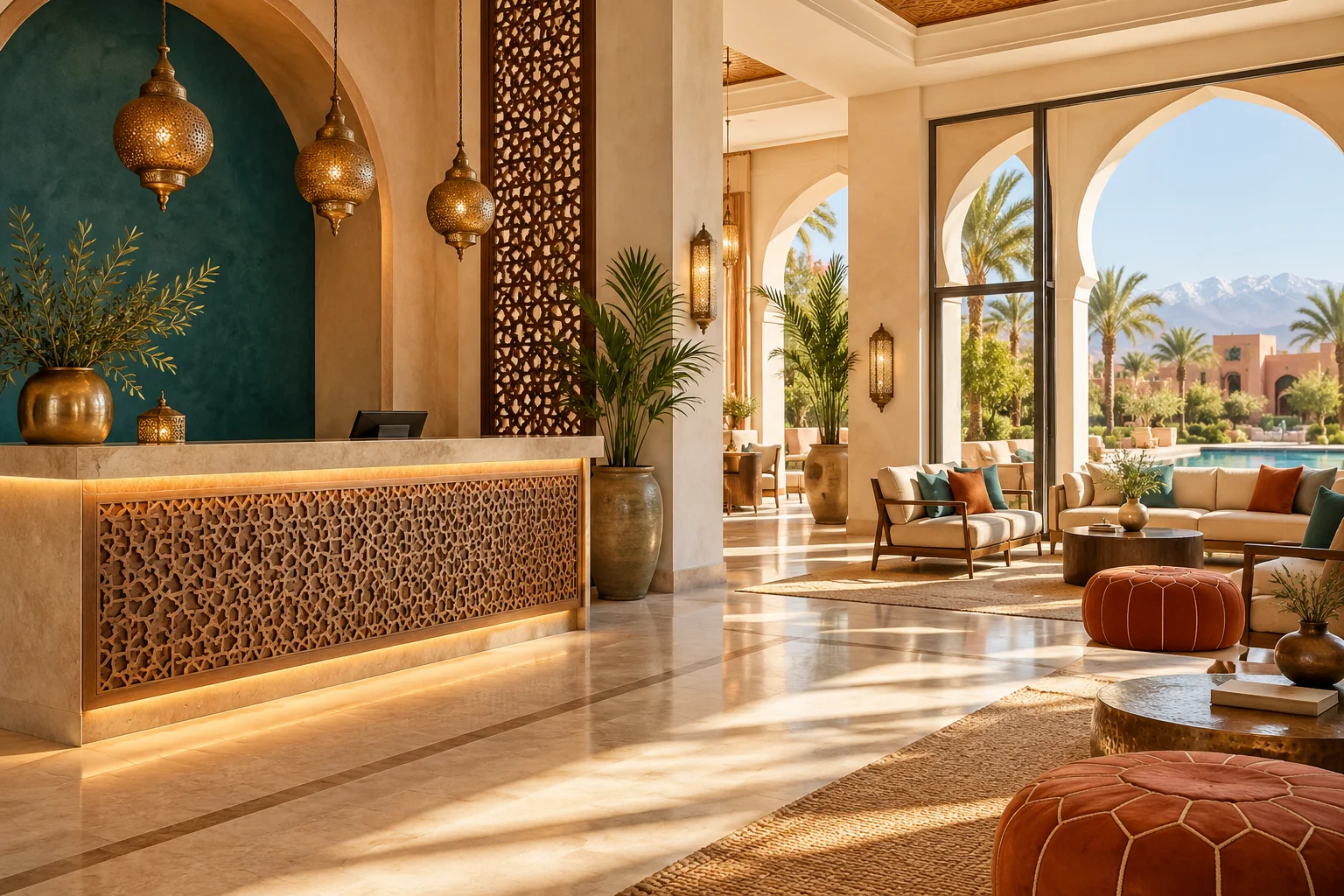 Hall de réception d’un hôtel au décor marocain