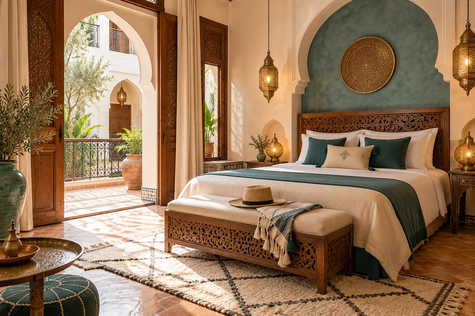 Chambre de riad avec lit double et décor marocain