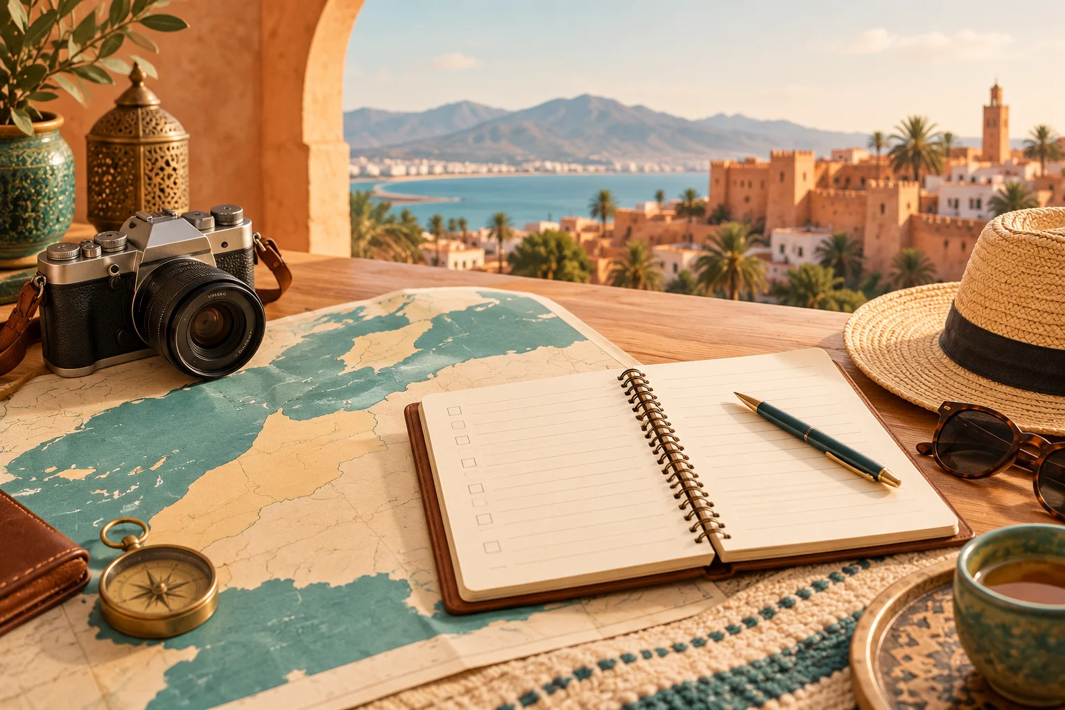 Carte, appareil photo et carnet de voyage sur une table