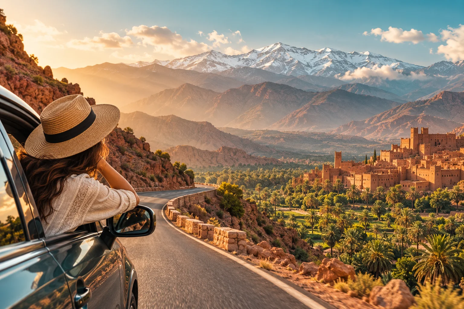 Voyageuse admirant une kasbah et les montagnes de l’Atlas depuis une voiture