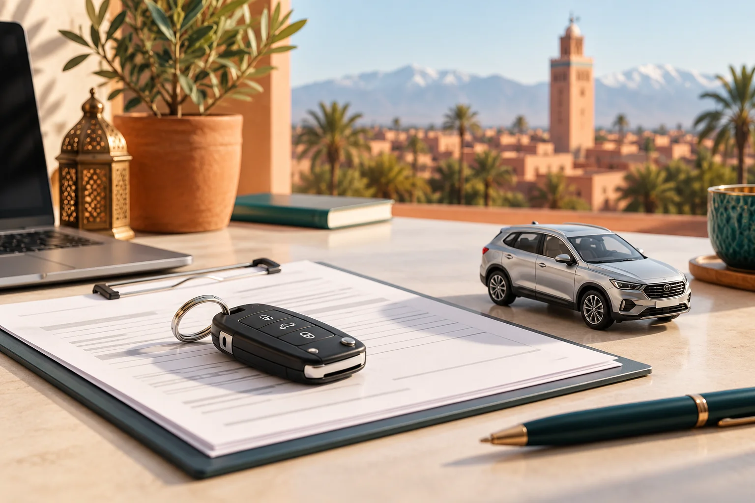Clé de voiture et contrat de location sur un bureau