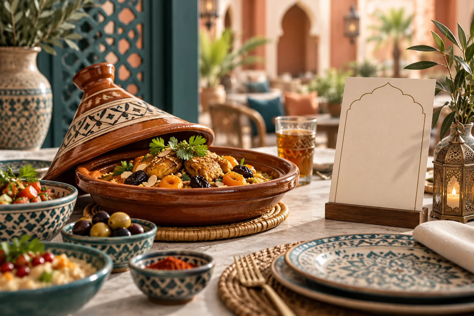 Tajine et assiettes servis sur une table de restaurant, à côté d’une carte de menu