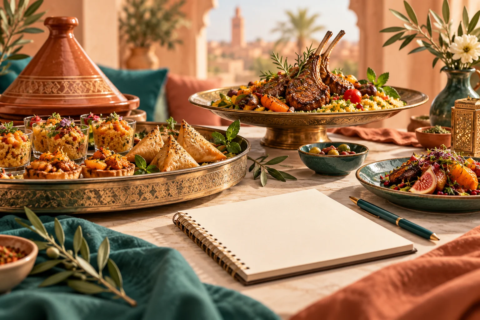 Plats en tajine servis sur une table, à côté d’un carnet de commande