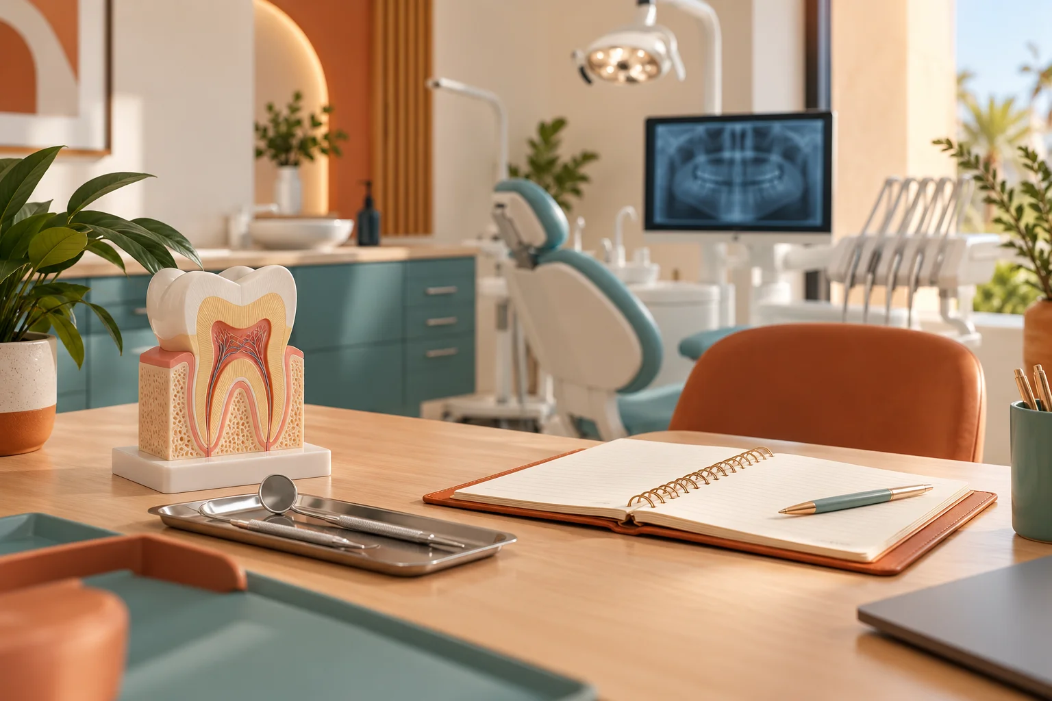 Bureau de dentiste avec modèle de dent et radio affichée à l’écran