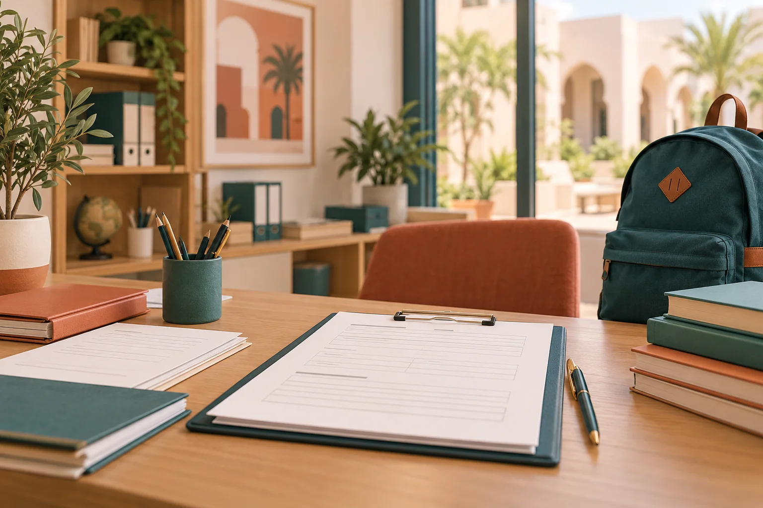 Bureau avec cahiers, porte-documents et fournitures scolaires