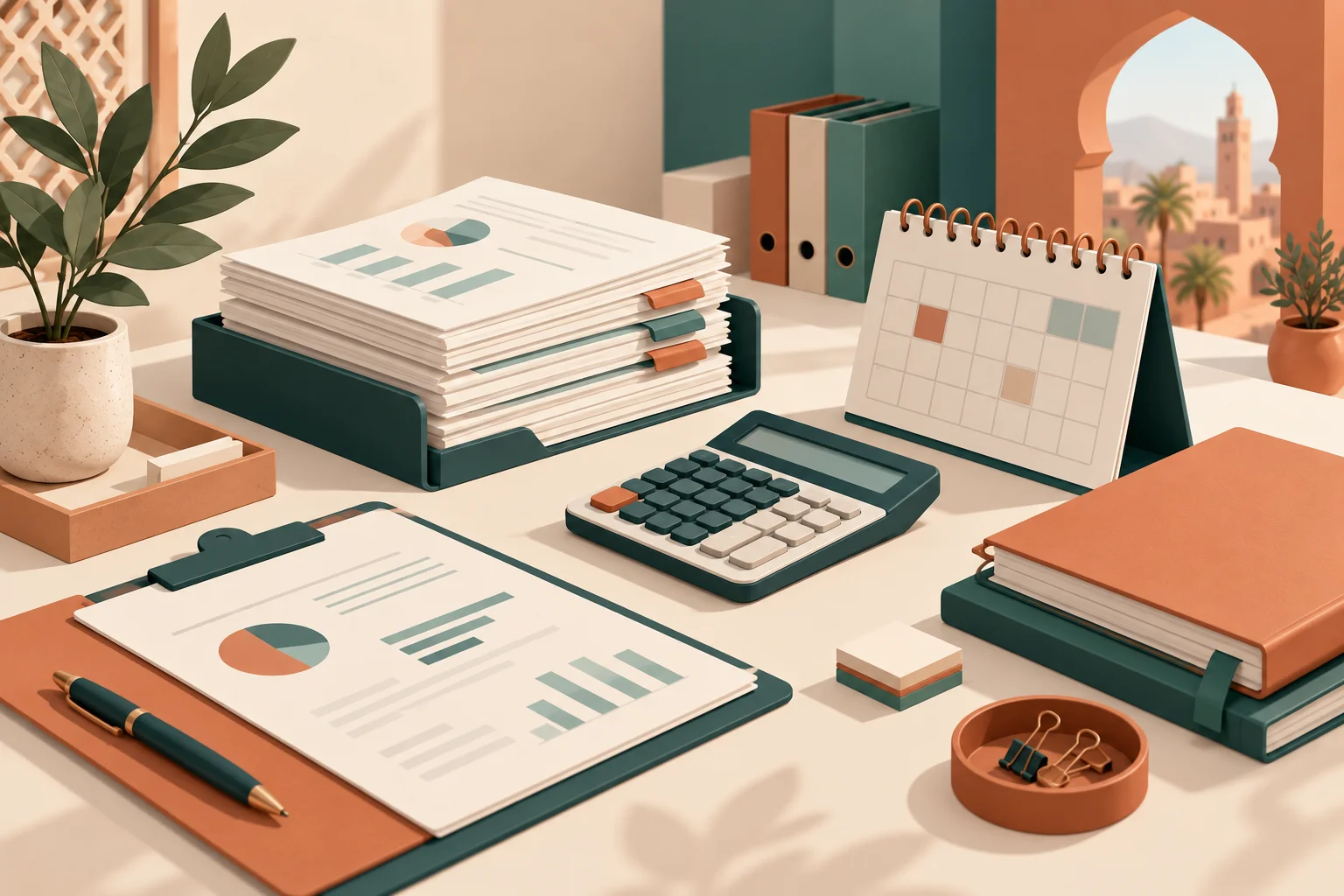 Documents comptables, calculatrice et classeurs sur un bureau