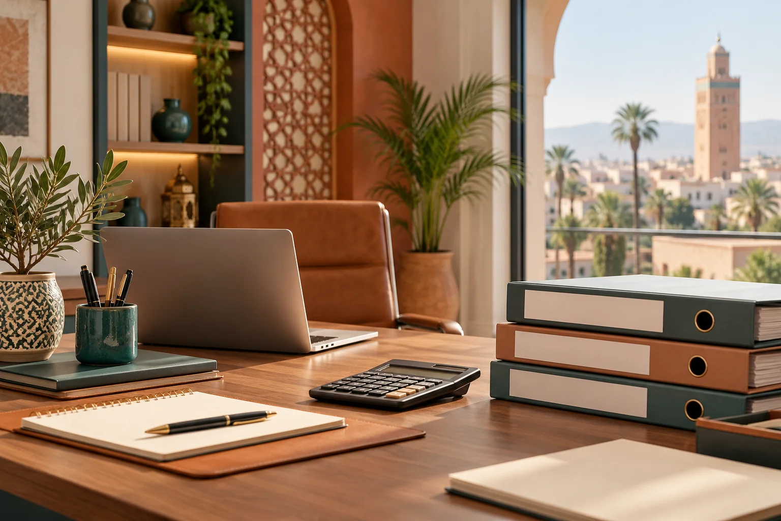 Bureau de fiduciaire avec classeurs, ordinateur portable et calculatrice