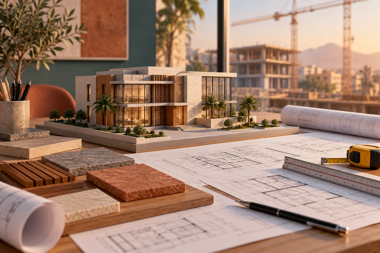 Plans d’architecte et outils de mesure devant un chantier