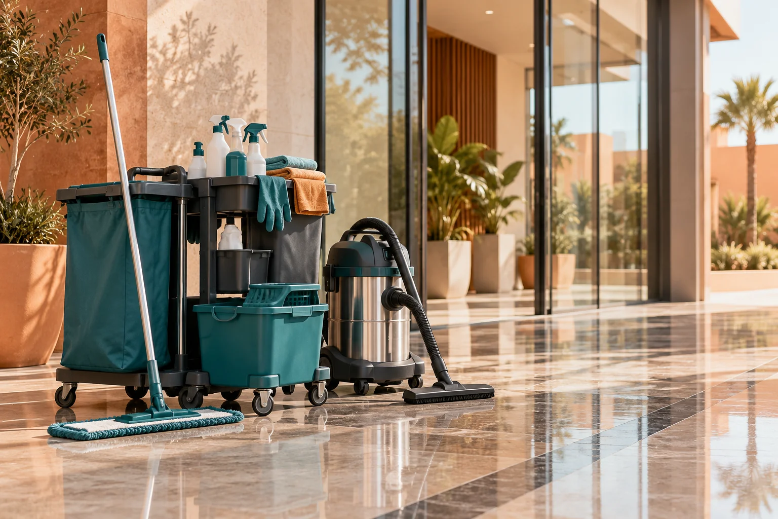 Matériel de nettoyage professionnel : chariot, aspirateur et seaux