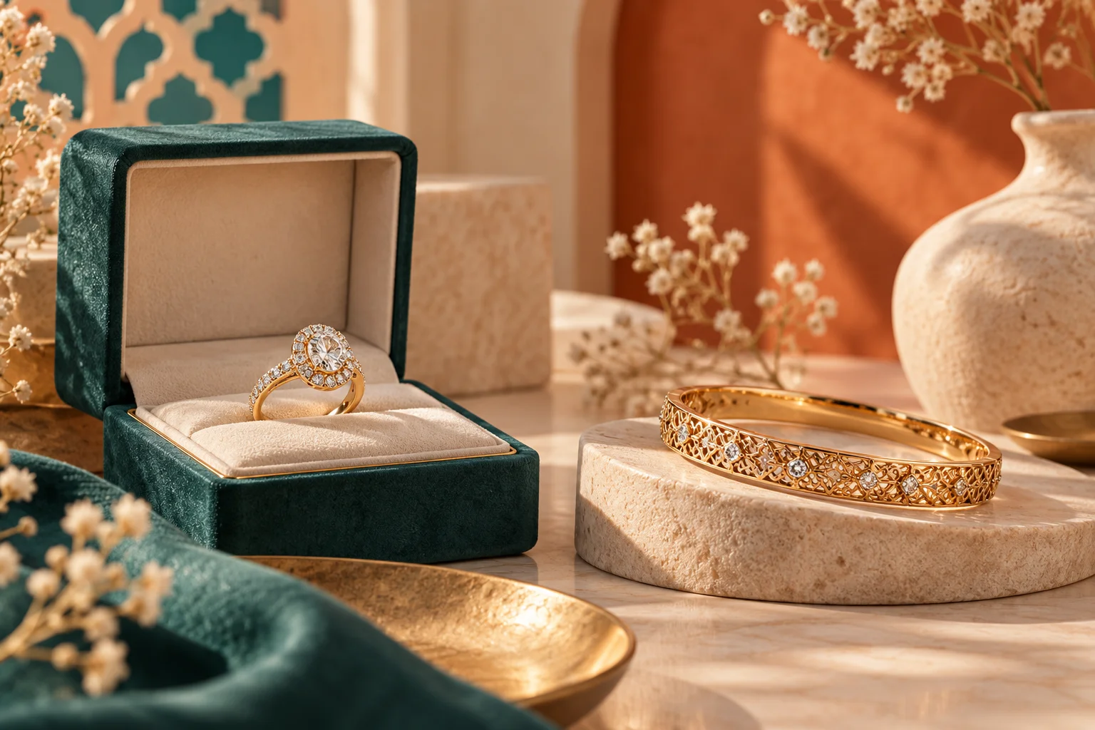 Écrin à bijoux avec une bague et des bracelets dorés
