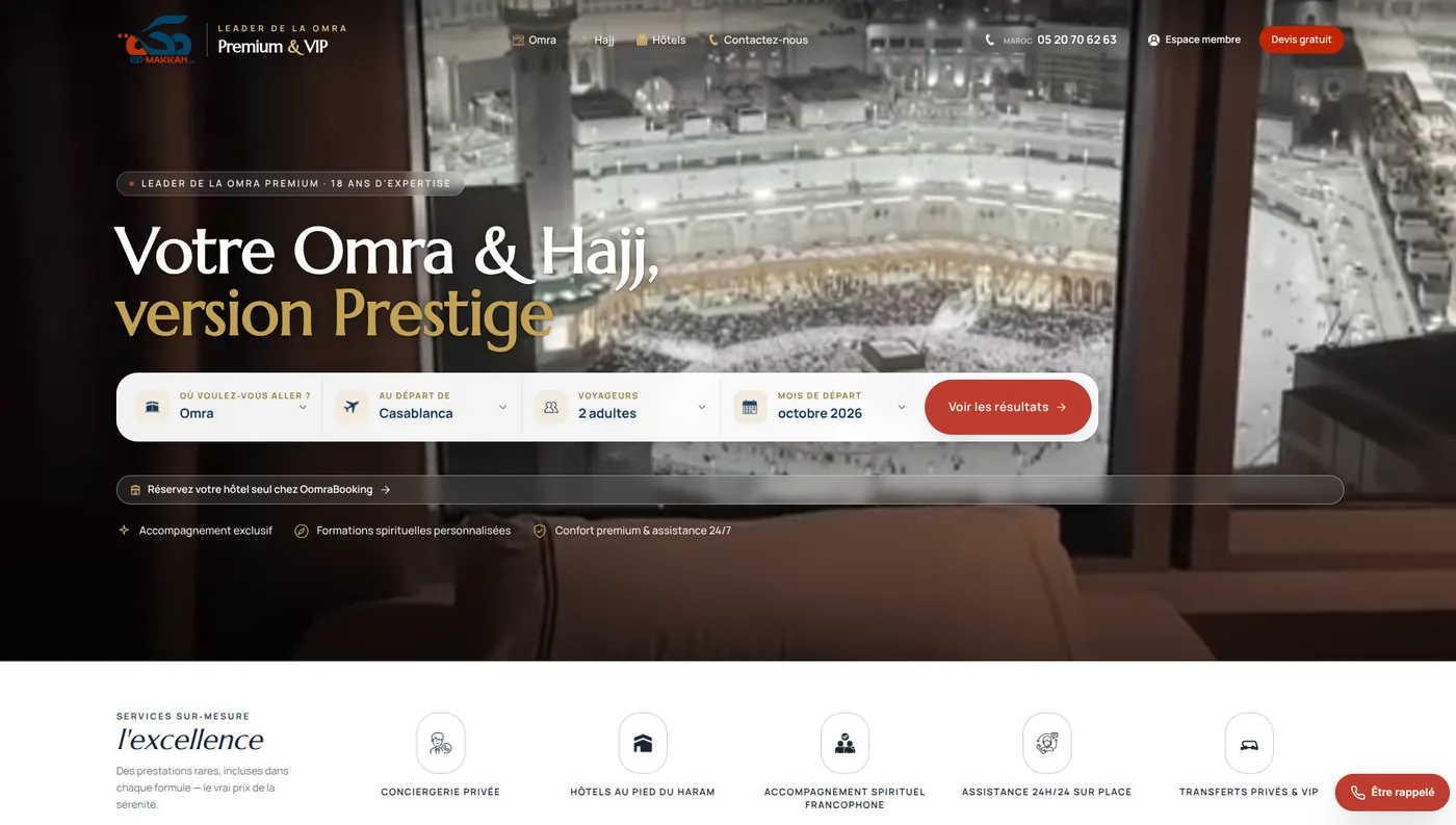 Page d’accueil de la plateforme GO-Makkah pour les voyages Omra et Hajj