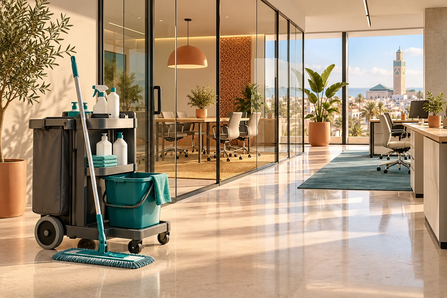 Chariot de nettoyage dans un bureau moderne aux grandes baies vitrées